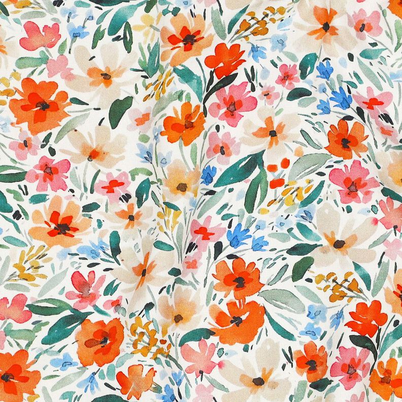 viscose fabric flower meadow digital print – white/orange,  image number 2