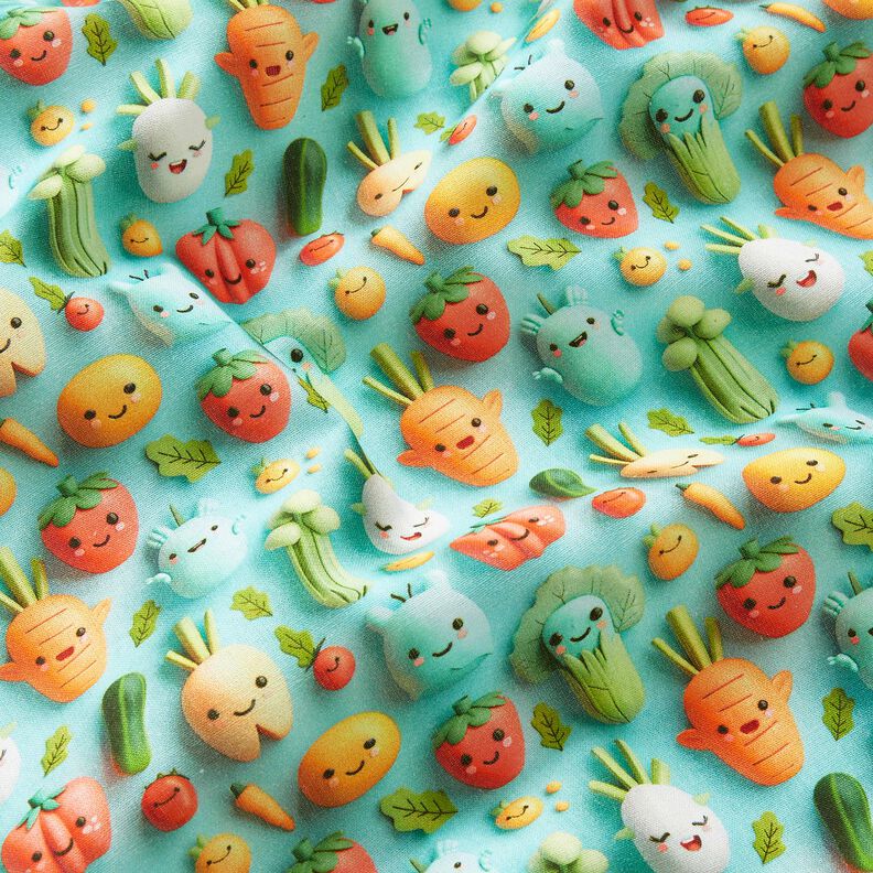 Cotton Poplin happy clay vegetables Digital Print – aqua blue,  image number 2