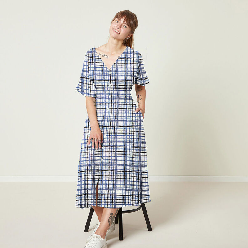 Abstract check linen viscose blend – white/steel blue,  image number 6