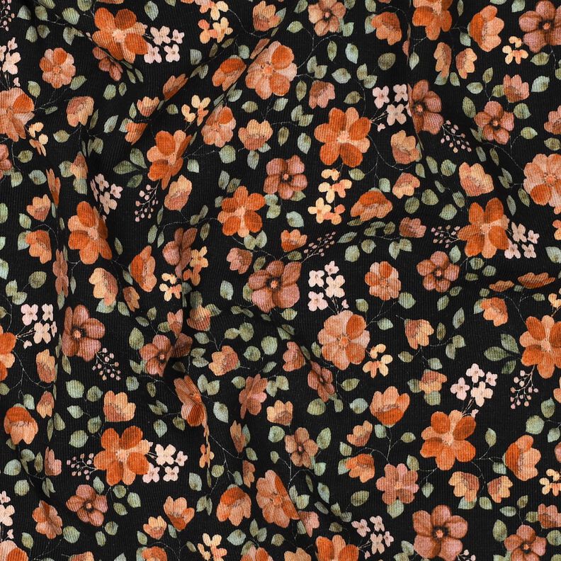 GOTS Cotton Jersey Autumn Flowers Digital Print – black/peach orange, image number 2