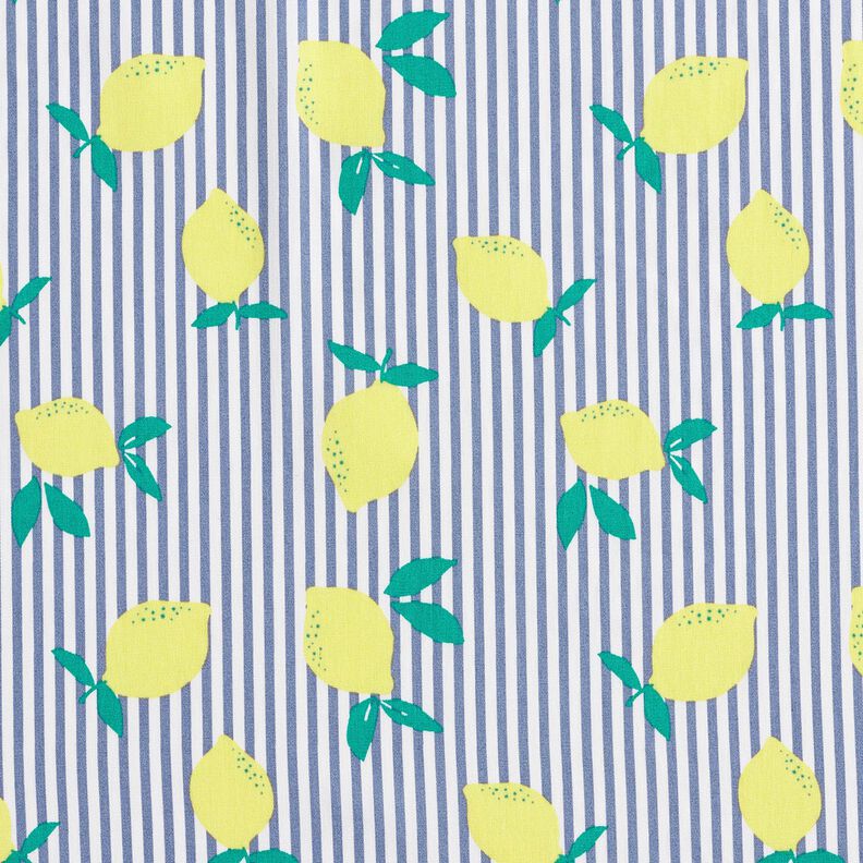 Stretch Poplin Stripes and lemons – white/indigo,  image number 1