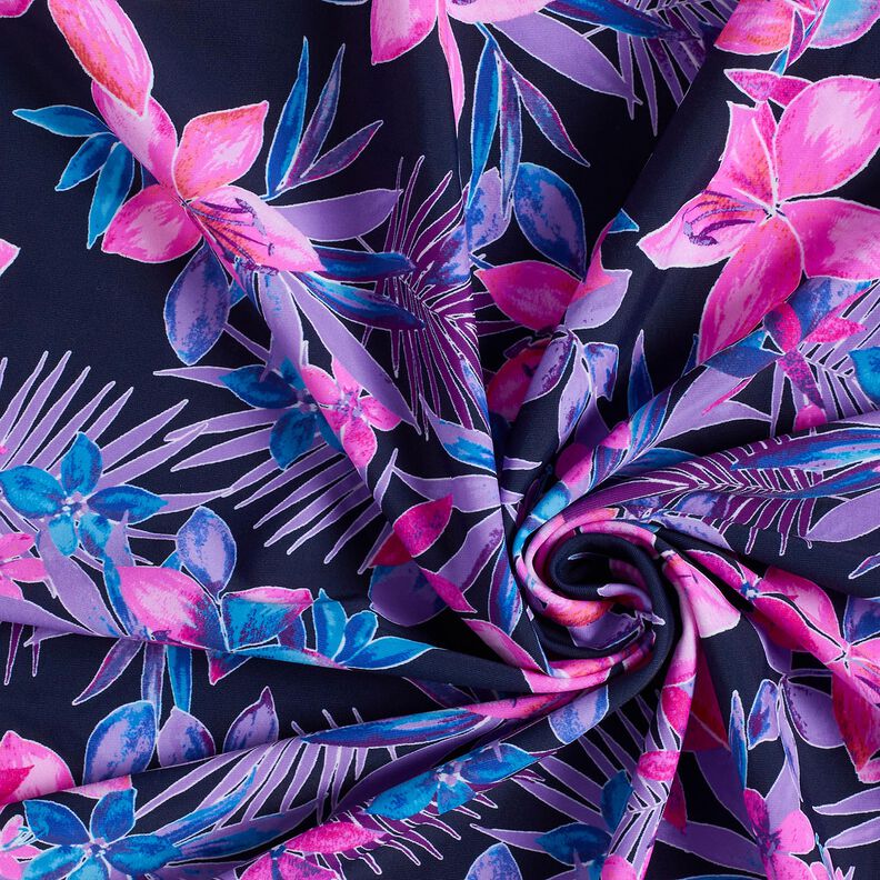 Swimsuit Fabric Tropical Flowers – navy blue/pink,  image number 3