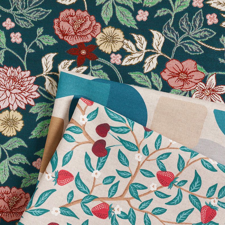 Decor Fabric Jacquard vintage flowers – petrol/dark red, image number 5