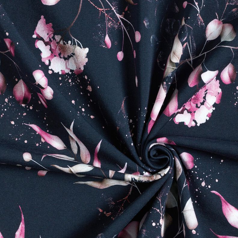 Cotton Jersey Eucalyptus and hydrangeas | Glitzerpüppi – midnight blue/pink,  image number 3