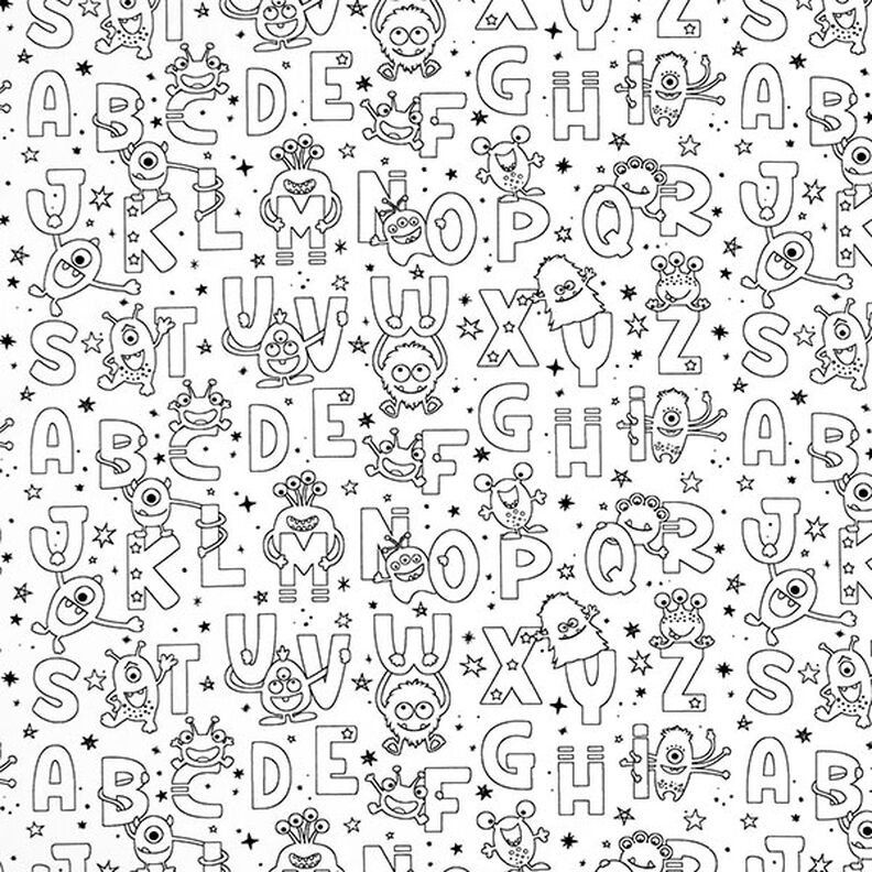 Cotton Poplin Colouring in fabric, alphabet monsters – white/black,  image number 1