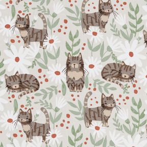 Cotton Cretonne Cats in the flower meadow – silver grey, 